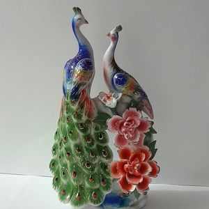Vintage Porcelain/Ceramic Beautiful Colorful PEACOCKS Flowers Statue